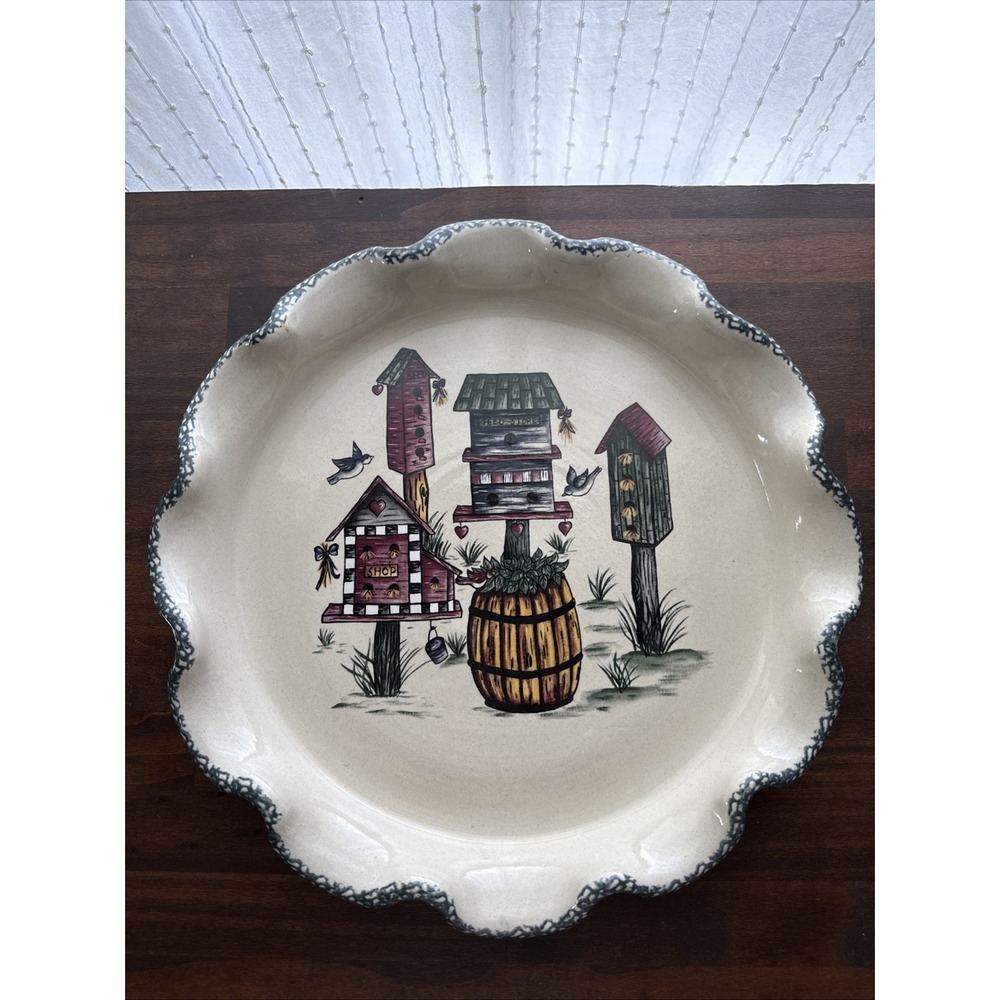 Vintage Home & Garden Party Handmade Scalloped Platter Birdhouse Design Pie Dish